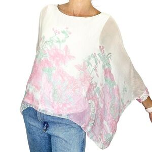 Elena Baldi 100% Italian silk oversized white pink floral boxy dolman top S